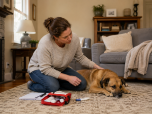 Owner checking on a dog acting strange at home with a pet thermometer, notebook, and first-aid kit nearby