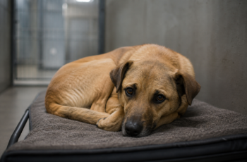 Shelter dog lying quietly on a raised bed after kennel stress causes shelter dogs to shut down