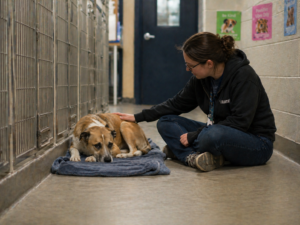 Shelter volunteer sitting calmly beside a quiet dog after shelter stress causes the dog to shut down