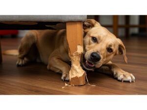 dog chewing furniture leg showing destructive chewing behavior caused by boredom or lack of proper outlets