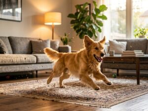dog zoomies meaning dog running across living room during sudden burst of energy indoors