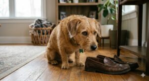 dog staring at shoes and showing early dog chewing behavior before destructive chewing begins