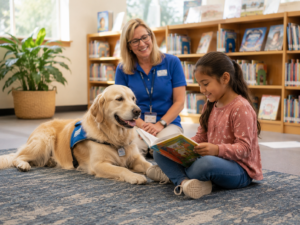 A therapy dog visits a child in a library while a handler supervises nearby.