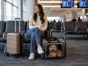 An emotional support animal is in a crate near his seated owner in the airport waiting lounge