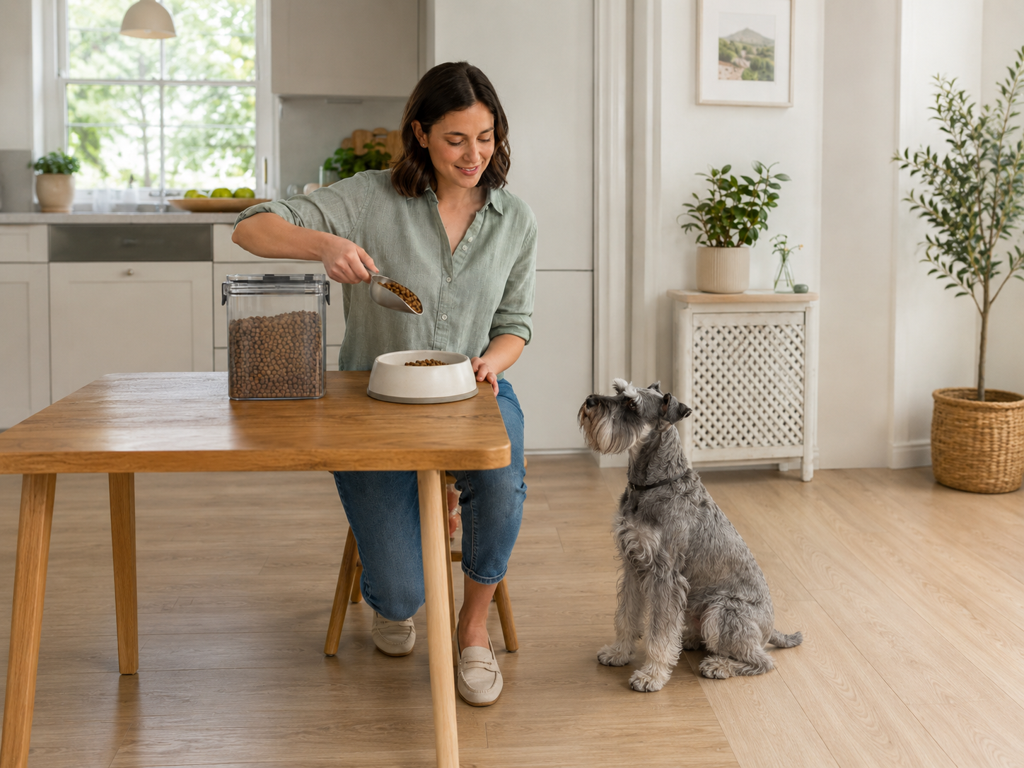 smiling woman taking dog food from a storage container and putting it into a dog bowl while her dog looks on expectantly