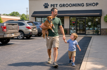 Dog owner testing hot pavement with a hand before walking a dog during summer heat.