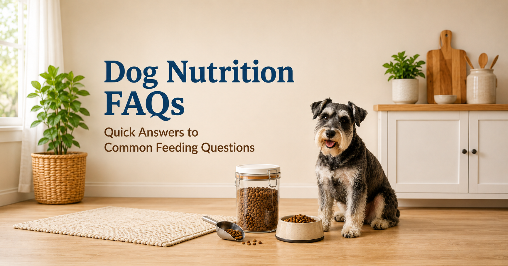 Schnauzer beside dog food storage container, scoop, and bowl with text reading Dog Nutrition FAQs