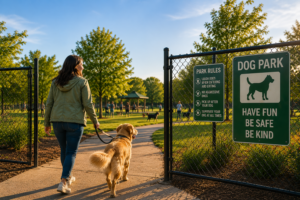 Woman and her dog looking at the dog park rules sign as they enter the park