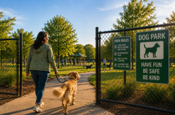 Woman and her dog looking at the dog park rules sign as they enter the park