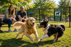 the dog park rules do not stop these two dogs from having fun playing together