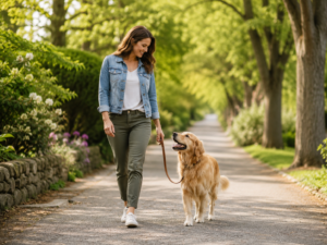 Woman walking her dog outdoors as part of everyday loving care. Alt text: Woman showing everyday care and devotion as part of Mother’s Day for women who nurture