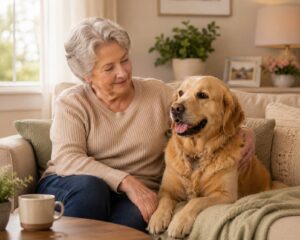 Mother’s Day for women who nurture shown by a grandmother relaxing with her dog.