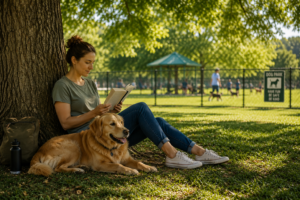 Woman reading under a shady tree while her relaxed golden retriever lies beside her near a dog park