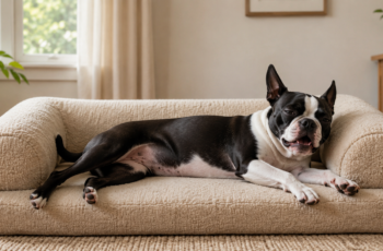 Boston Terrier lounging dramatically on a dog bed, showing why dogs sigh and groan like tiny drama queens