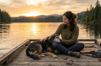 Woman sitting on a dock with a senior mixed-breed dog at sunset, showing what living with a dog teaches you over time