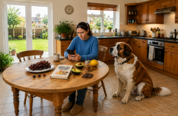 Dog owner reviewing viral dog food warnings on a smartphone while sitting at a kitchen table with a Saint Bernard and several commonly questioned foods nearby.