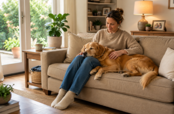 Dog resting on owner’s lap during a quiet comforting moment at home