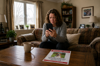 Worried dog owner reading a message on her phone while a missing dog flyer lies on the coffee table
