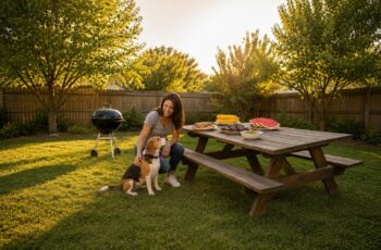 Woman and beagle beside a picnic table of dog-safe cookout