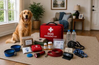 Dog emergency kit with food, water, first-aid supplies, records, leash, and other essentials