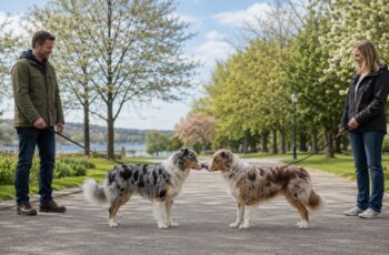 Two Australian Shepherds on leashes meet calmly nose to nose in a public park while their human handlers stand nearby.