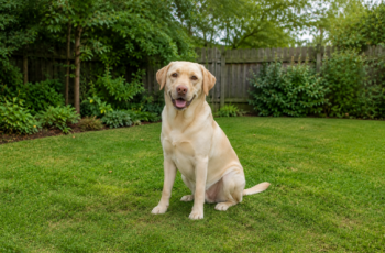 Dudley Lab sitting in the backyard with a pink nose and a sweet smile