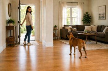 Boxer standing in the living room and watching its owner leave home