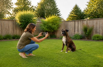 woman showing how to photograph dogs in her backyard with a brindle boxer