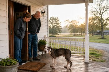 Injured stray Pitbull Betsy stands on a farmhouse porch as a concerned couple looks down at her.