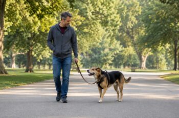 Man walking a large mixed-breed dog at a gentle pace on a level park path