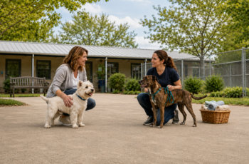 Two women with a Westie and a brindle shelter dog on National Dog Day