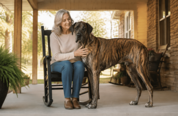 Brindle Great Dane leaning on a middle aged woman sitting in a rocking chair on the porch