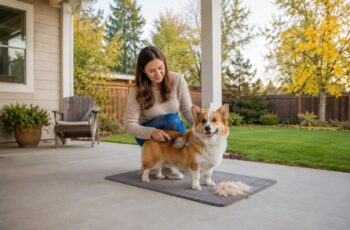 Woman brushing loose seasonal undercoat from a healthy corgi