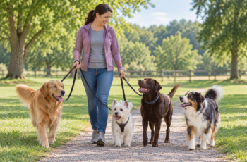 Woman walking several dog breeds together on leashes in a park