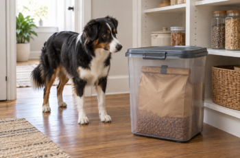 Tri-colored dog staring at a container designed to store dry dog food