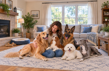 Woman surrounded by affectionate dog breeds including a Golden Retriever, Cavalier, German Shepherd, Bichon, and Whippet