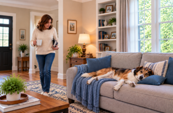Woman returns to find her dog stretched across her spot on the couch