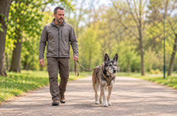Senior dog wearing a harness during a gentle walk on a flat park path