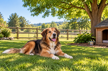 Dog resting in a shaded yard with shelter and water nearby