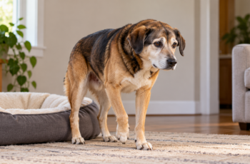 mixed breed dog is in pain as he stands by his orthopedic bed.