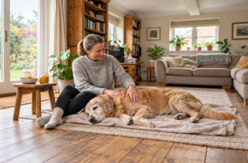 Senior golden retriever lying on the floor with a woman rubbing his aching shoulder with Turmeric sitting on a small table beside them.
